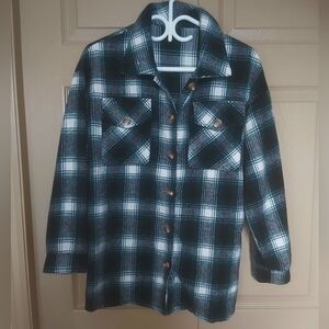 SHEIN Teal, Black and White Plaid Shirt Jacket